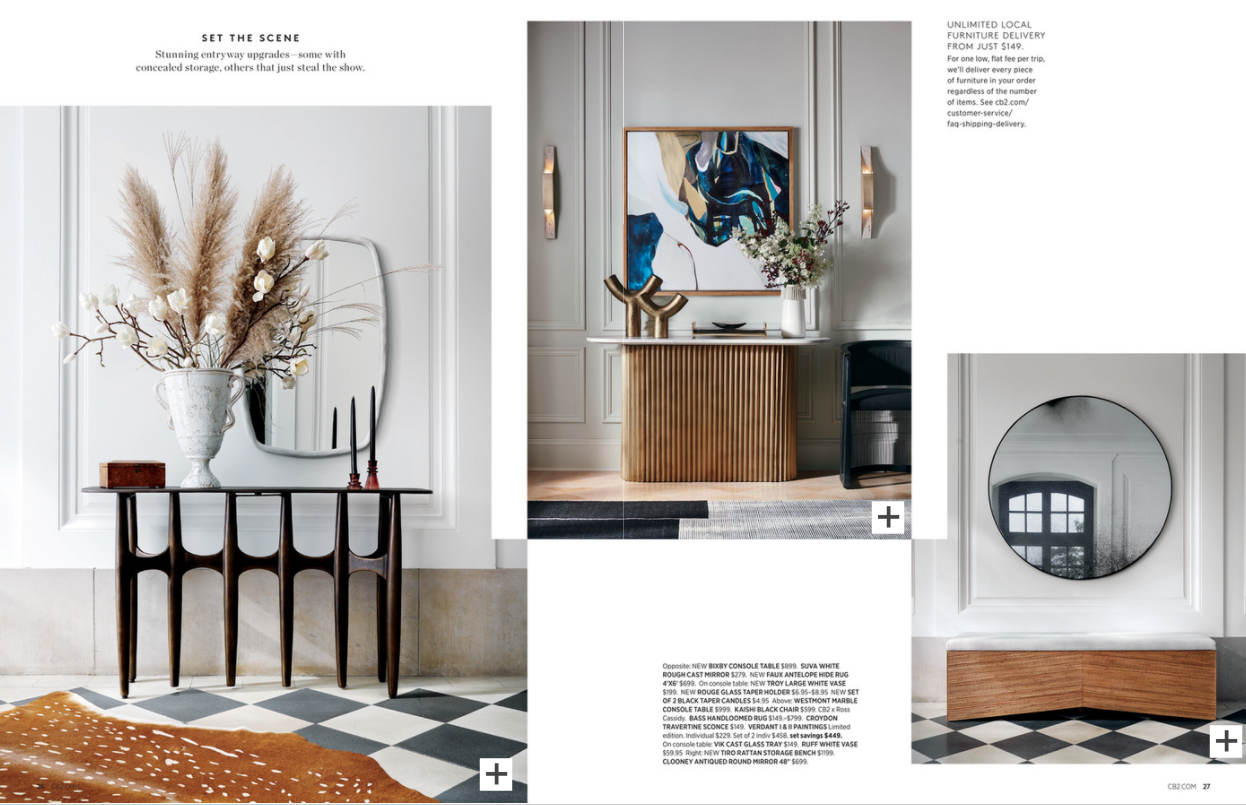 CB2 catalog showing sophisticated neutral-toned space
